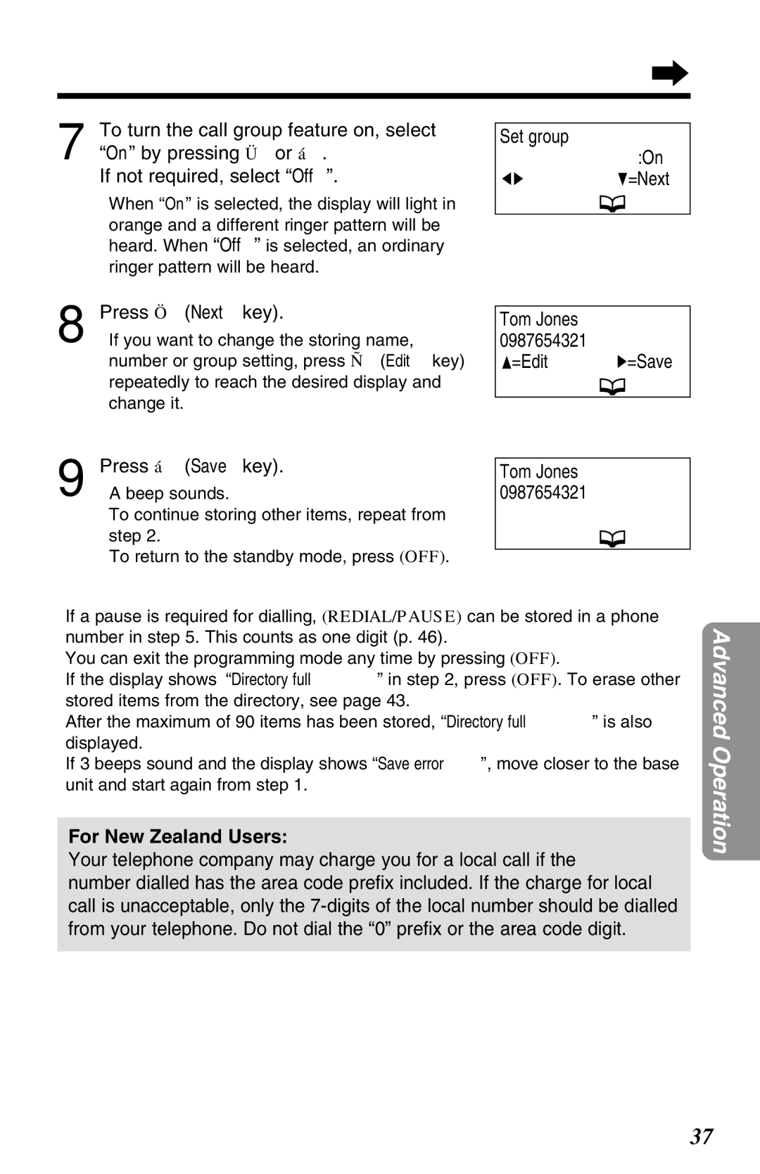 Panasonic KX-TG2650NZN, KX-TG2650ALN operating instructions If not required, select Off, Tom Jones =Edit H=Save 