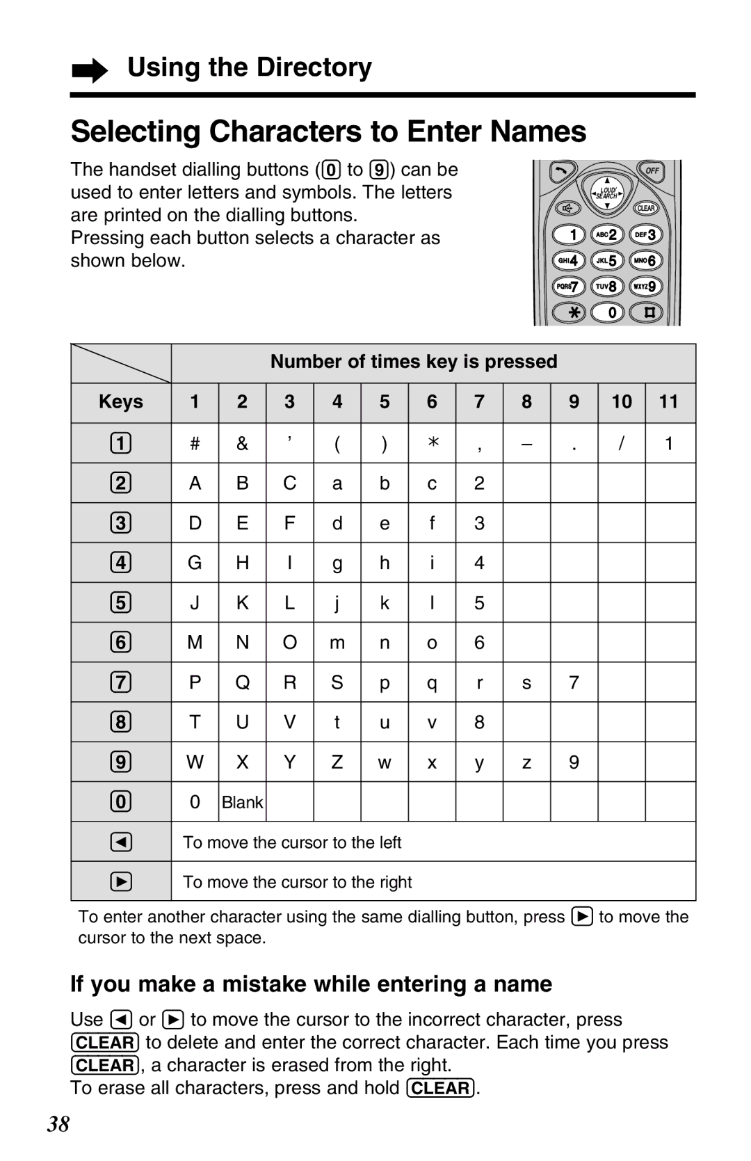 Panasonic KX-TG2650ALN, KX-TG2650NZN Selecting Characters to Enter Names, If you make a mistake while entering a name 