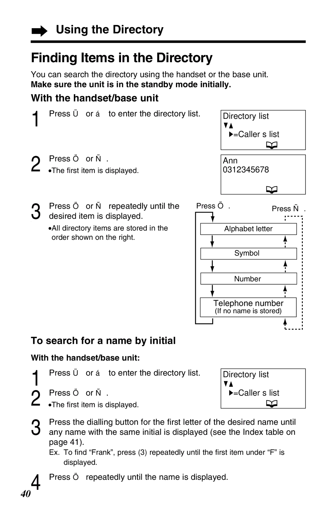 Panasonic KX-TG2650ALN Finding Items in the Directory, With the handset/base unit, To search for a name by initial 