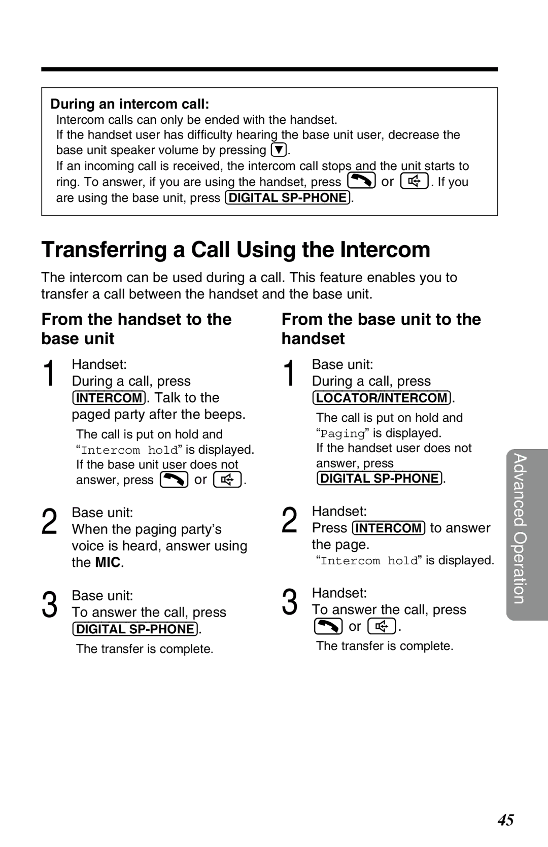 Panasonic KX-TG2650NZN Transferring a Call Using the Intercom, From the handset to the base unit, During an intercom call 