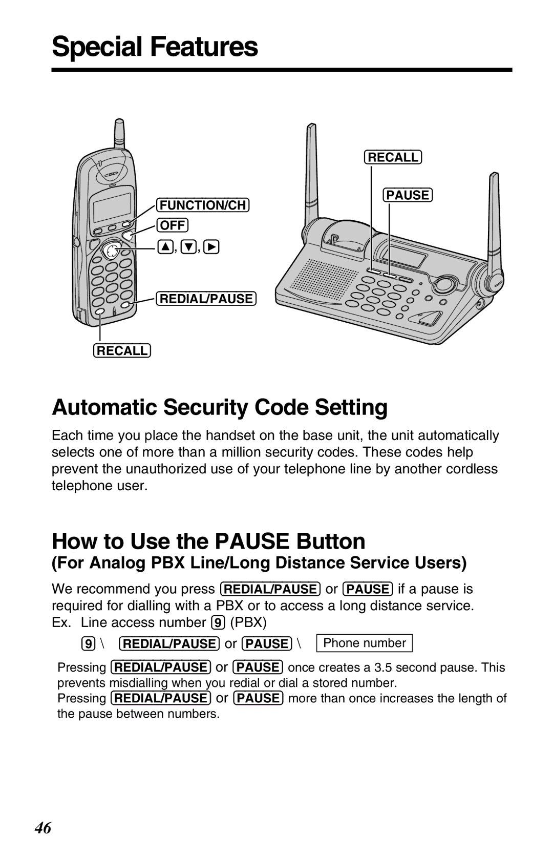 Panasonic KX-TG2650ALN, KX-TG2650NZN Special Features, Automatic Security Code Setting, How to Use the Pause Button 