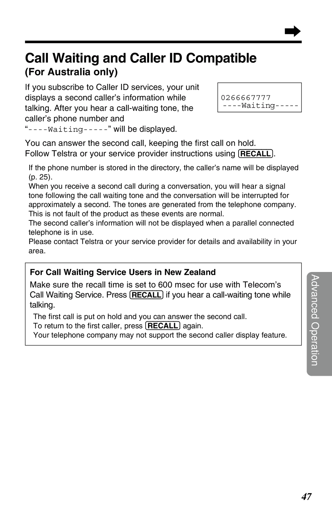 Panasonic KX-TG2650NZN, KX-TG2650ALN operating instructions Call Waiting and Caller ID Compatible, For Australia only 