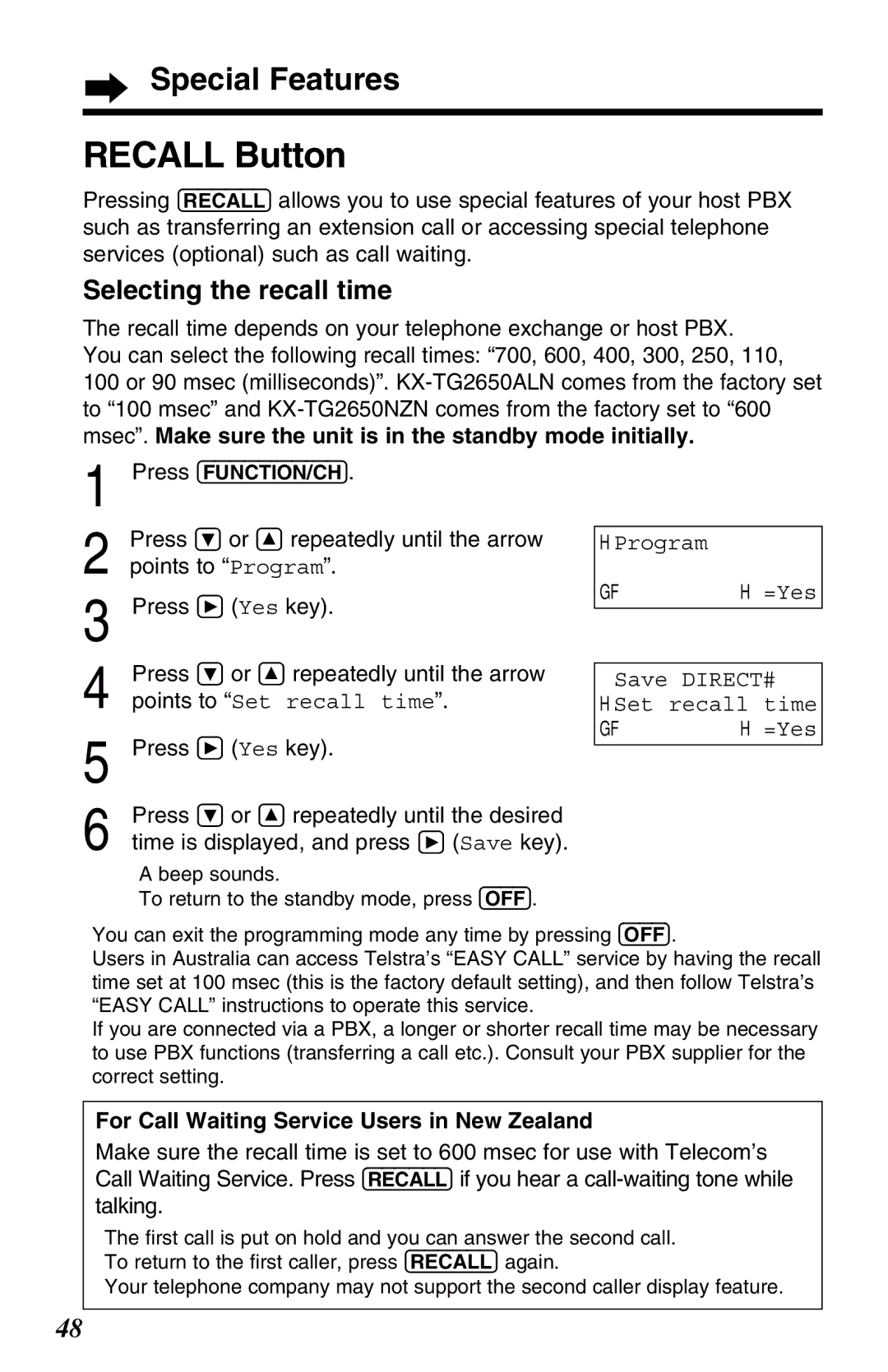 Panasonic KX-TG2650ALN, KX-TG2650NZN Recall Button, Selecting the recall time, Press Ö or Ñ repeatedly until the desired 