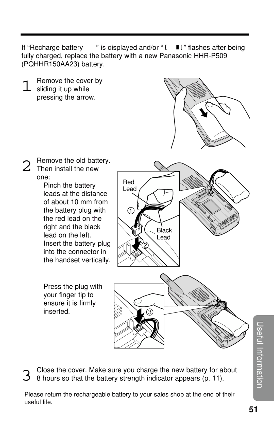 Panasonic KX-TG2650NZN, KX-TG2650ALN Battery Replacement, Hours so that the battery strength indicator appears p 