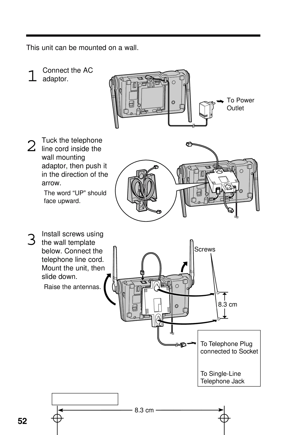 Panasonic KX-TG2650ALN, KX-TG2650NZN Wall Mounting, Wall Template, Install screws using, Wall template 