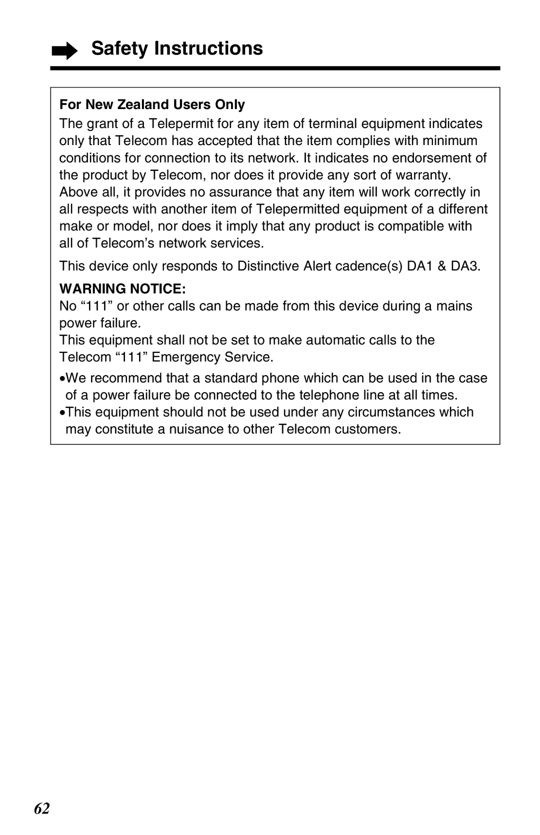 Panasonic KX-TG2650ALN, KX-TG2650NZN operating instructions Safety Instructions, For New Zealand Users Only 