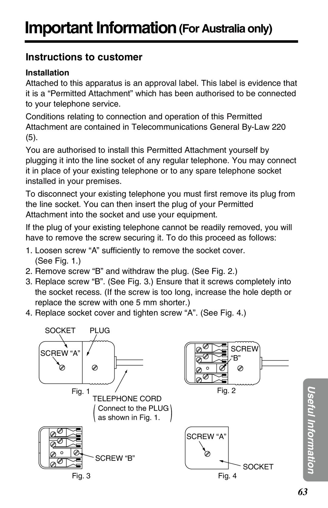 Panasonic KX-TG2650NZN, KX-TG2650ALN Important Information For Australia only, Instructions to customer, Installation 