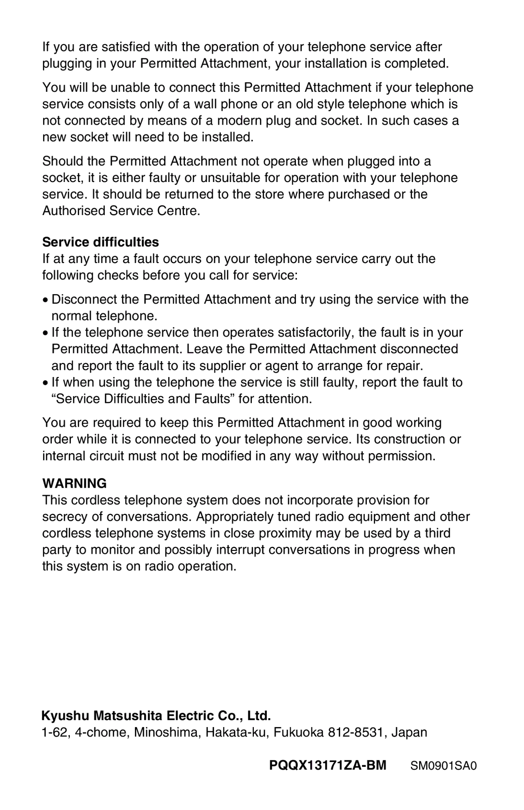 Panasonic KX-TG2650ALN, KX-TG2650NZN operating instructions Service difficulties, PQQX13171ZA-BM SM0901SA0 