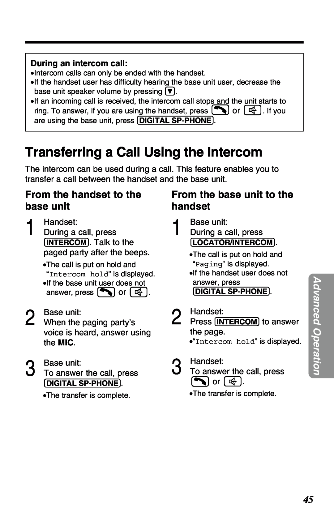 Panasonic KX-TG2650NZN Transferring a Call Using the Intercom, From the handset to the base unit, During an intercom call 
