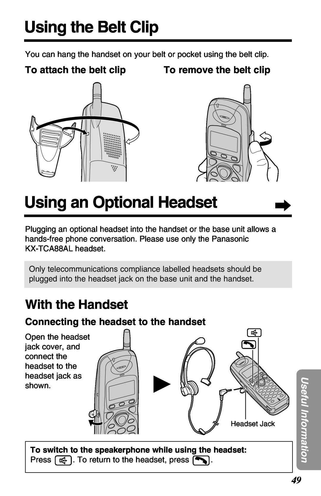 Panasonic KX-TG2650NZN Using the Belt Clip, Using an Optional Headset, To attach the belt clip, To remove the belt clip 