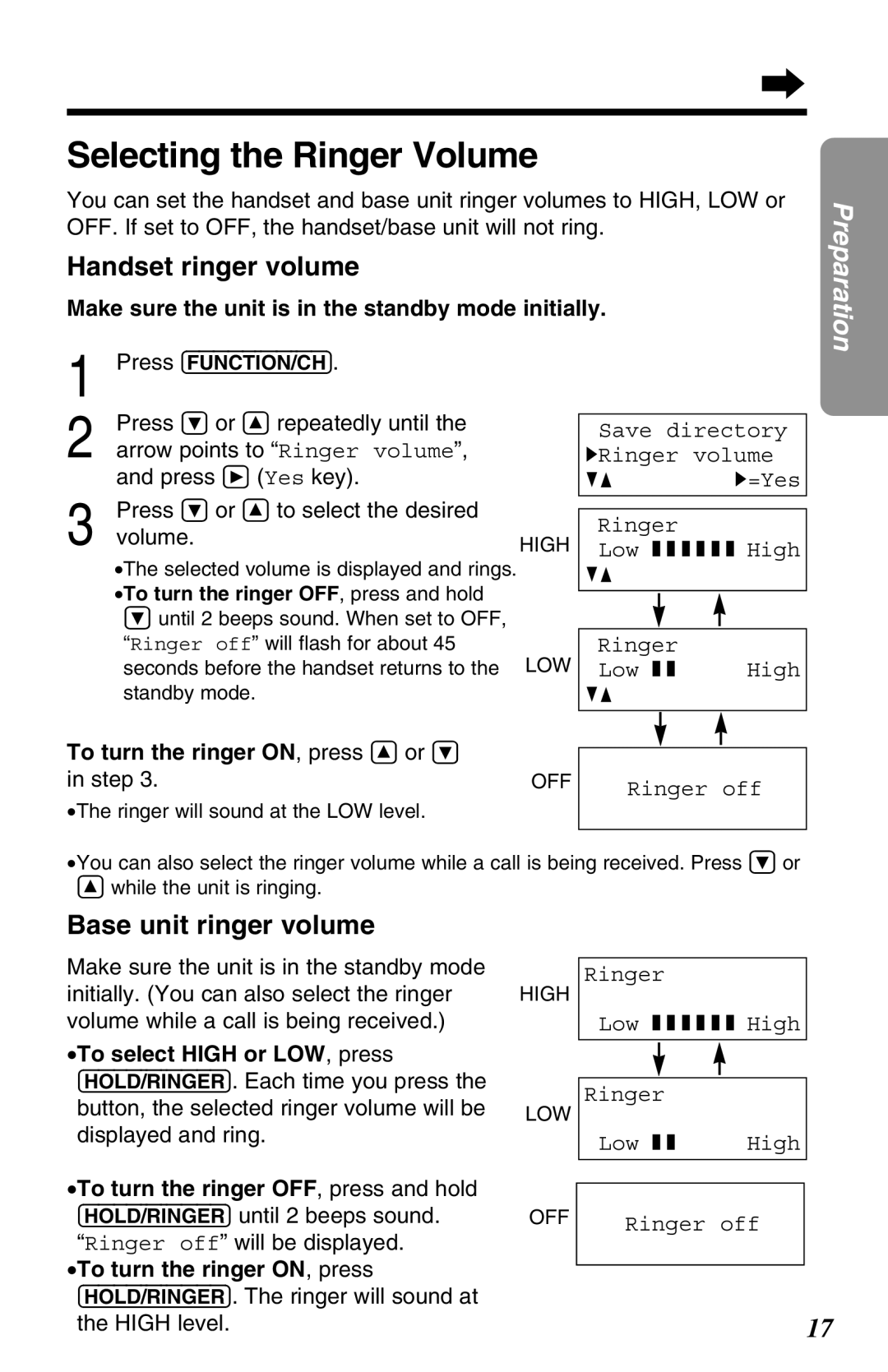 Panasonic KX-TG2650N Selecting the Ringer Volume, Handset ringer volume, Base unit ringer volume, Step 