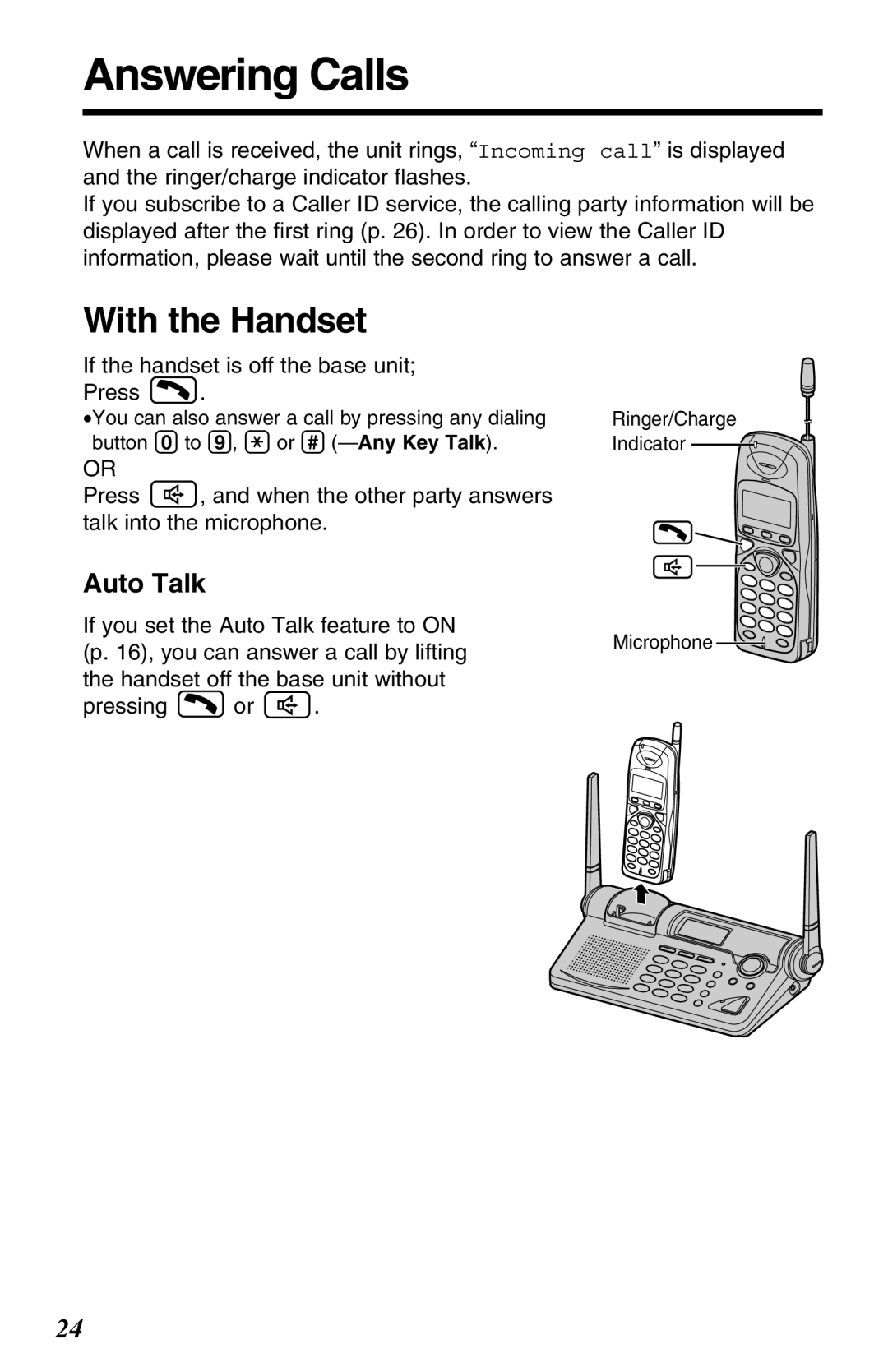 Panasonic KX-TG2650N operating instructions Answering Calls, Auto Talk, If the handset is off the base unit Press 