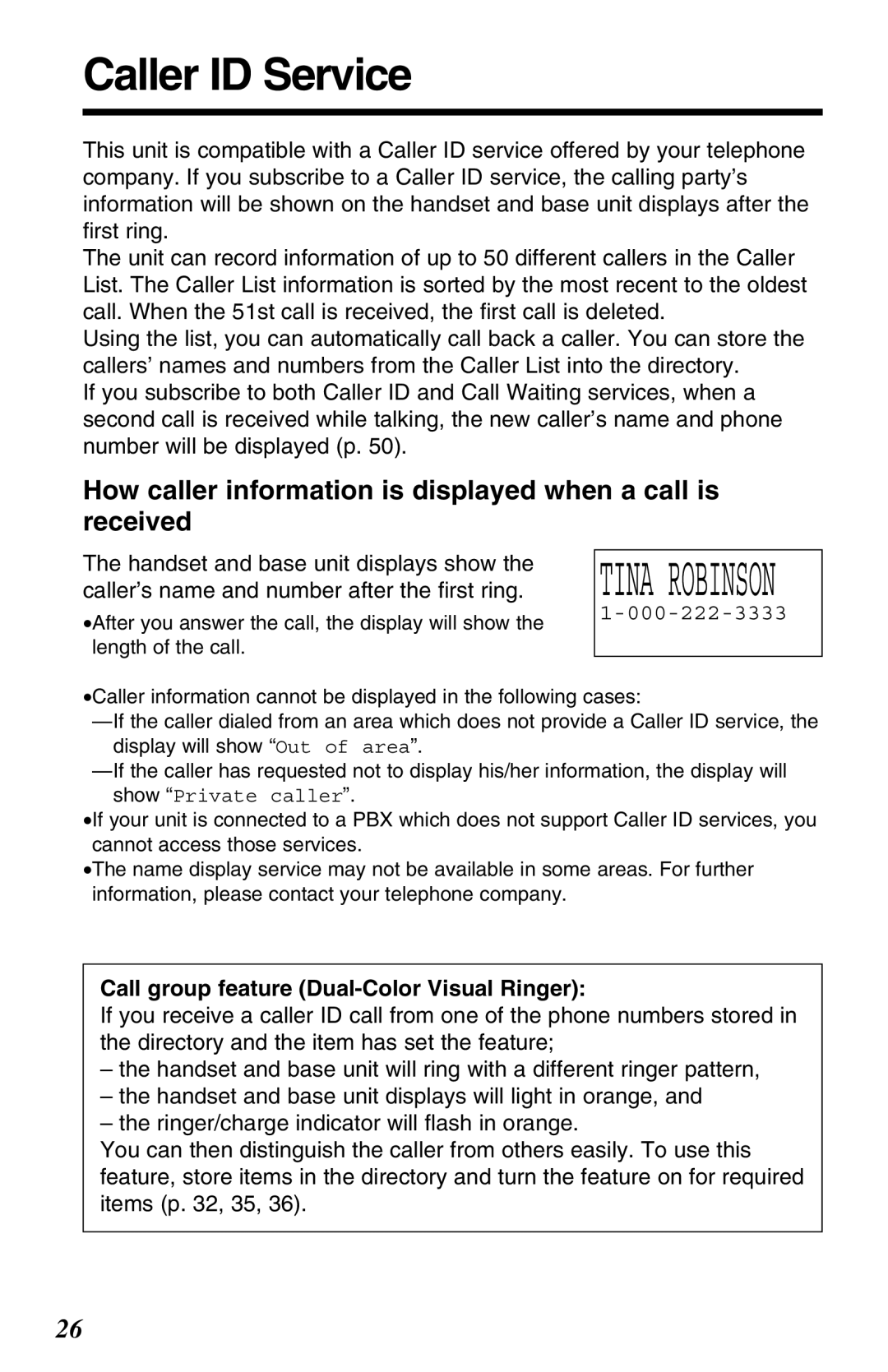 Panasonic KX-TG2650N operating instructions Caller ID Service, How caller information is displayed when a call is received 