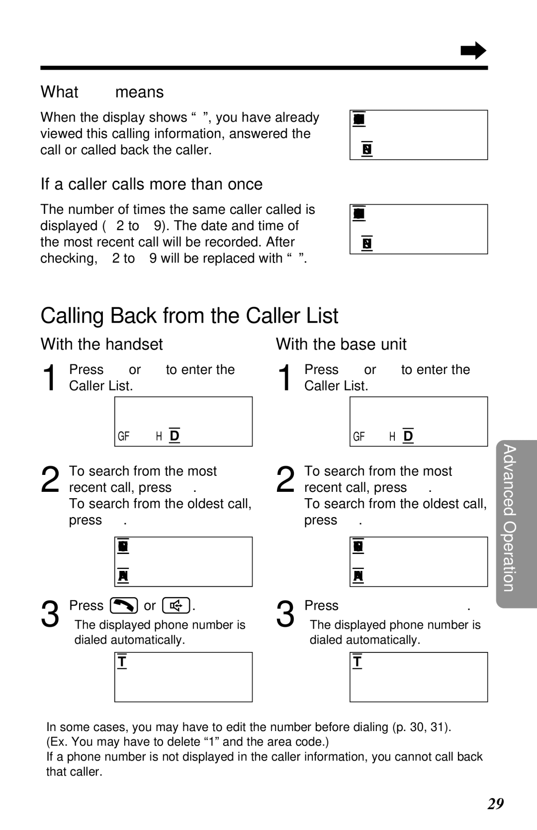 Panasonic KX-TG2650N Calling Back from the Caller List, What √ means, If a caller calls more than once 