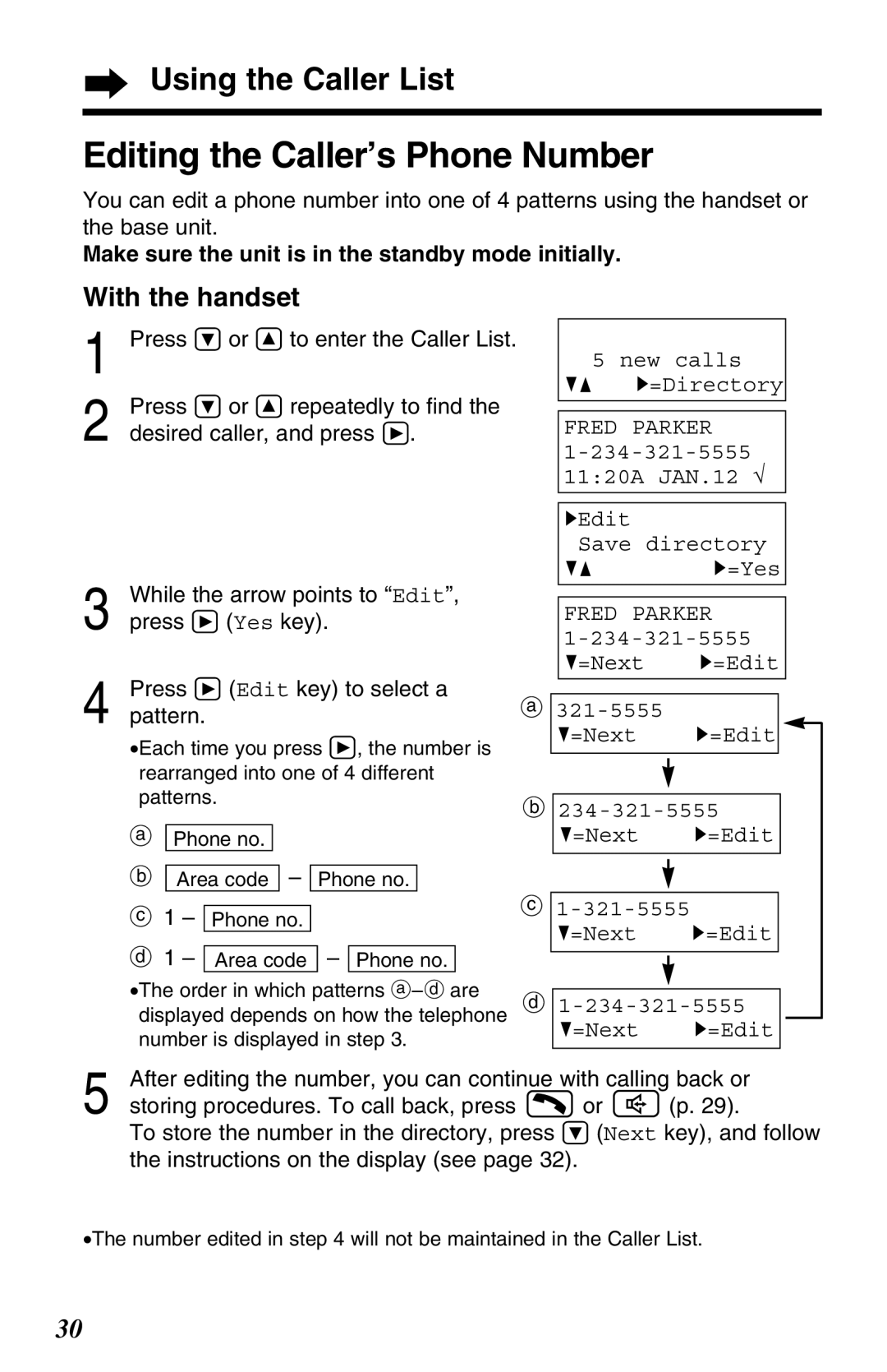 Panasonic KX-TG2650N operating instructions Editing the Caller’s Phone Number, HEdit Save directory, =Next H=Edit 321-5555 