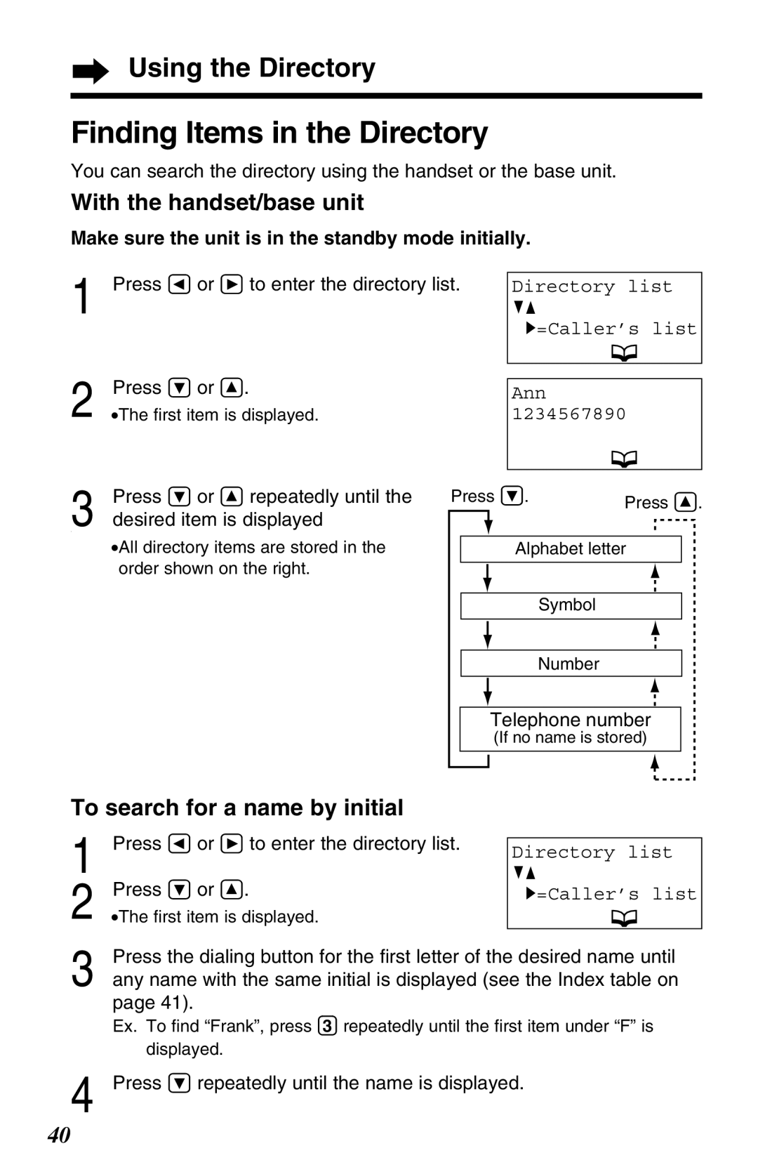 Panasonic KX-TG2650N Finding Items in the Directory, With the handset/base unit, To search for a name by initial 