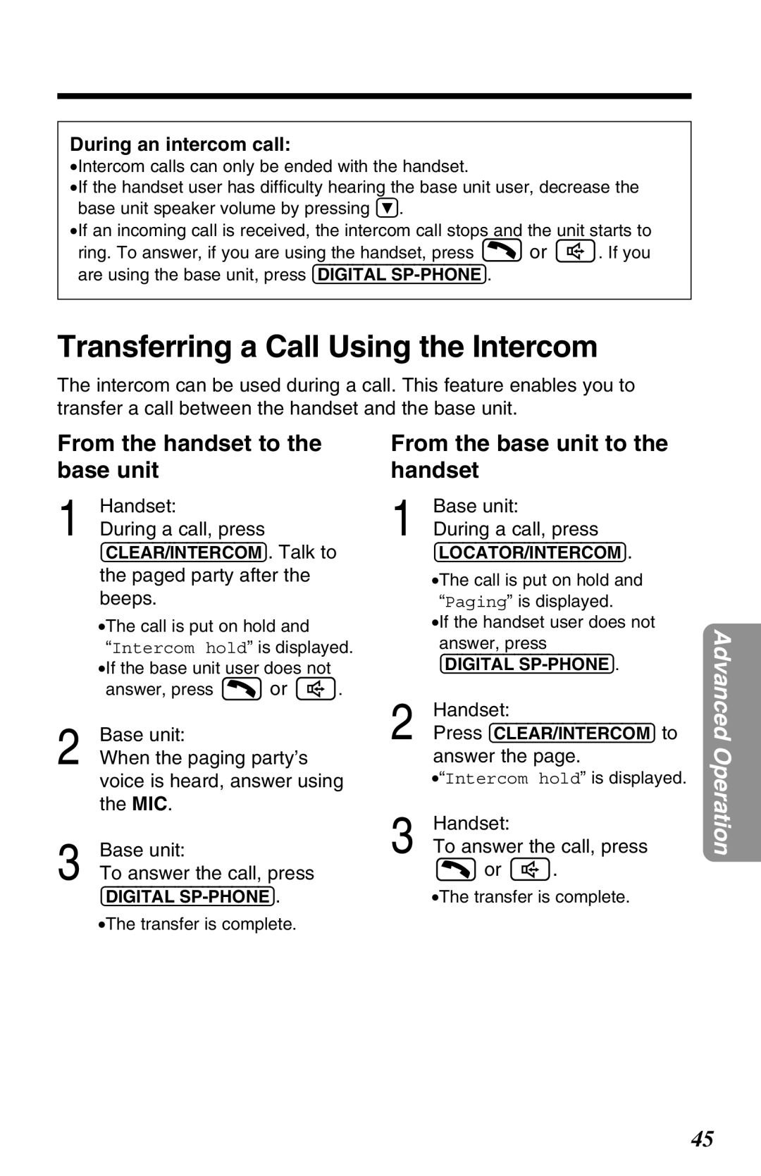 Panasonic KX-TG2650N Transferring a Call Using the Intercom, From the handset to the base unit, During an intercom call 