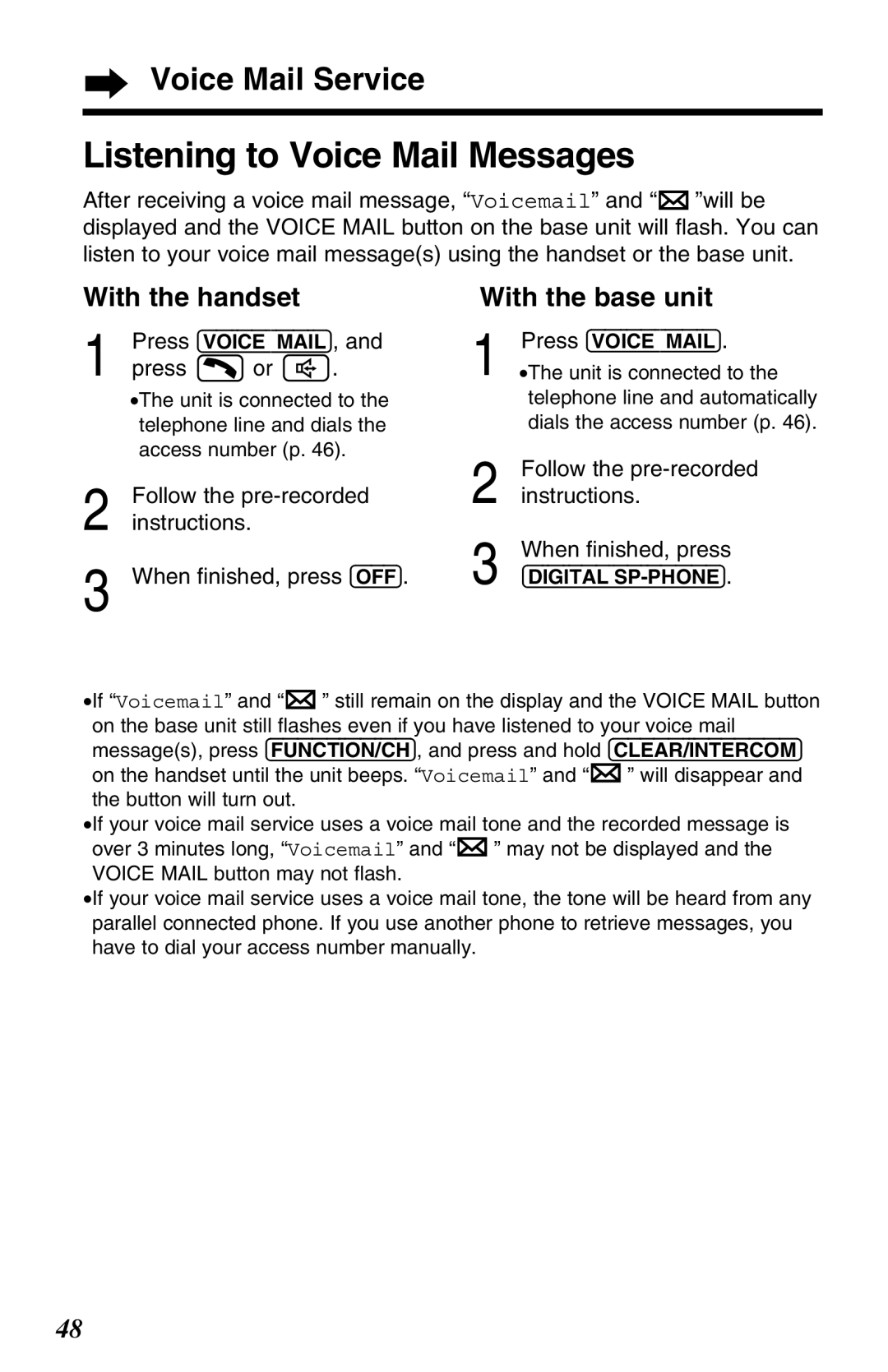 Panasonic KX-TG2650N operating instructions Listening to Voice Mail Messages, Follow the pre-recorded instructions 