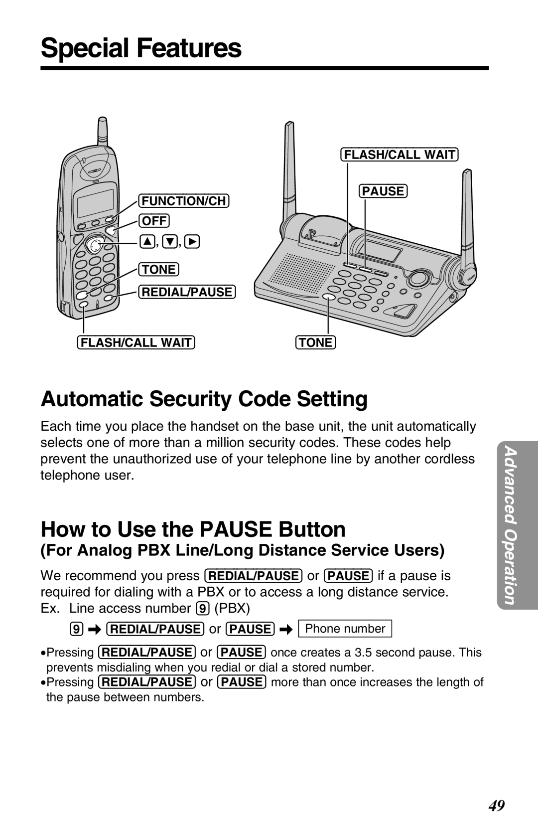 Panasonic KX-TG2650N operating instructions Special Features, Automatic Security Code Setting, How to Use the Pause Button 