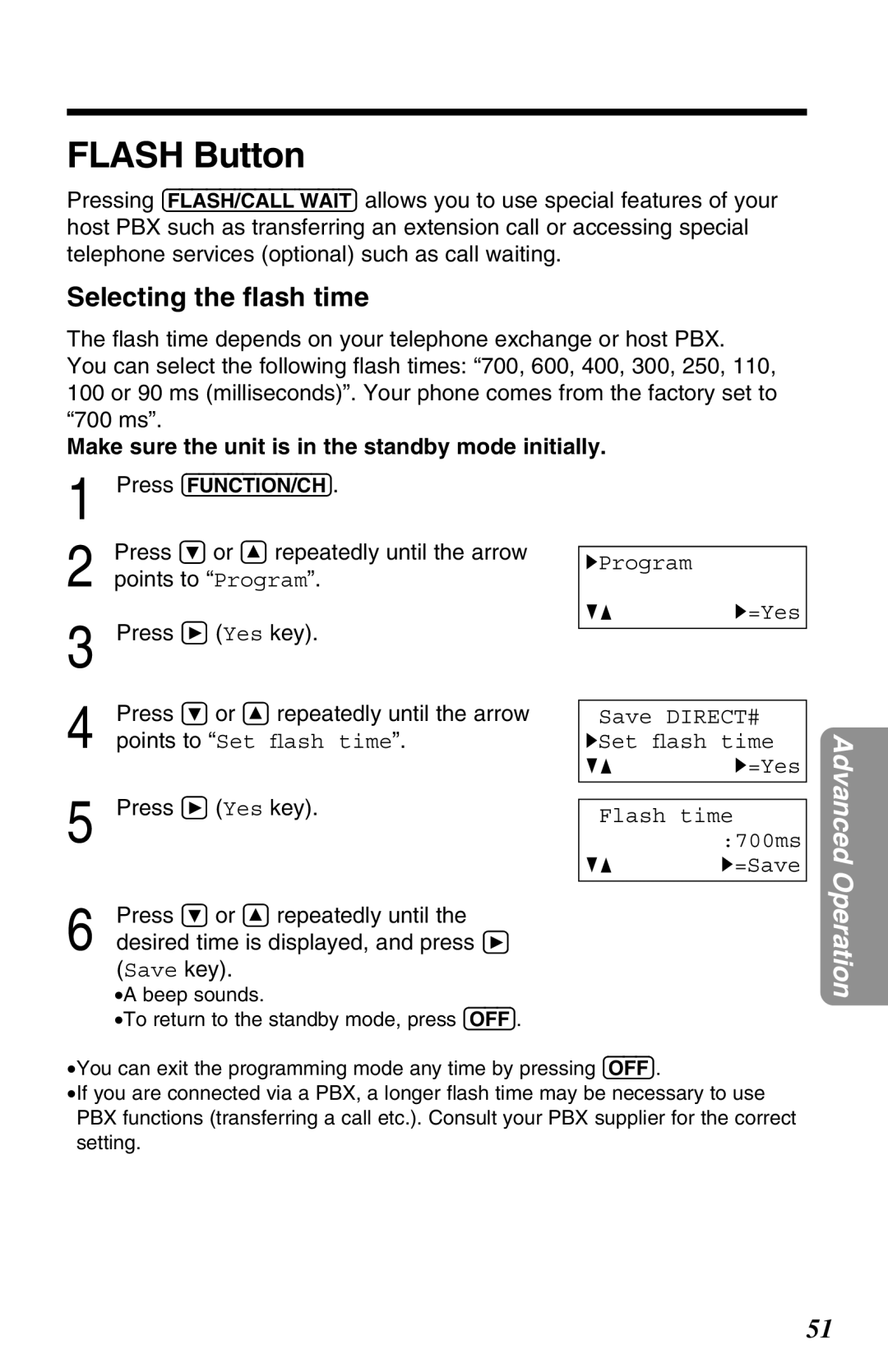 Panasonic KX-TG2650N operating instructions Flash Button, Selecting the ﬂash time 