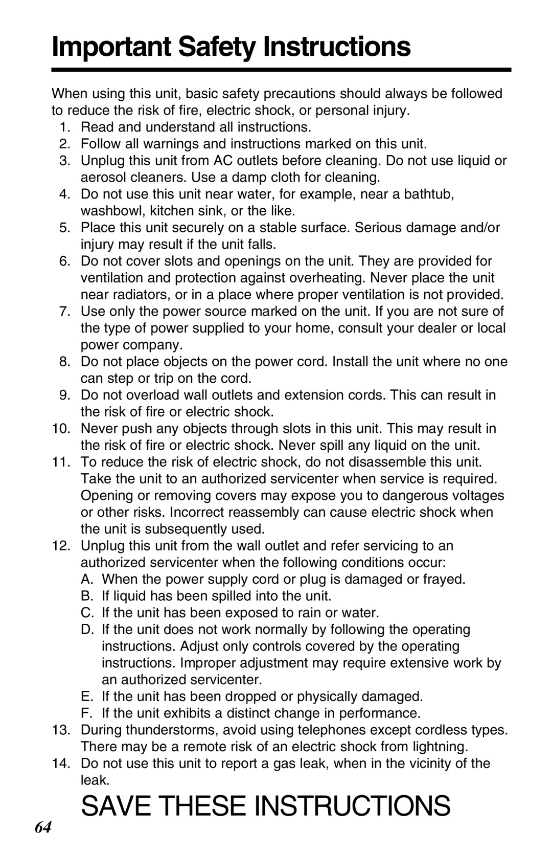 Panasonic KX-TG2650N operating instructions Important Safety Instructions 