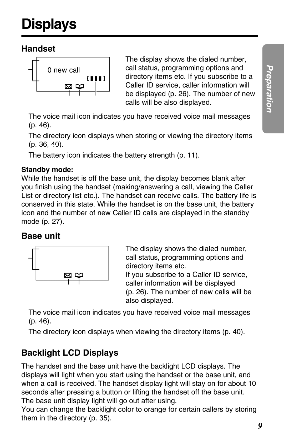 Panasonic KX-TG2650N operating instructions Backlight LCD Displays, # 0 new call, Standby mode 