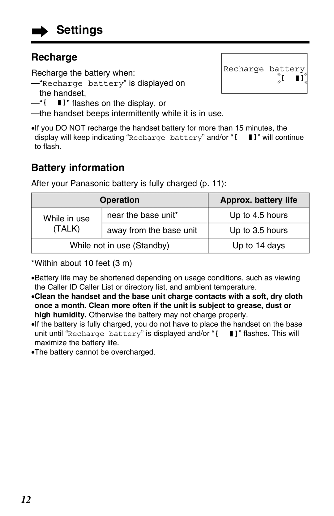 Panasonic KX-TG2670N operating instructions Recharge, Battery information, After your Panasonic battery is fully charged p 