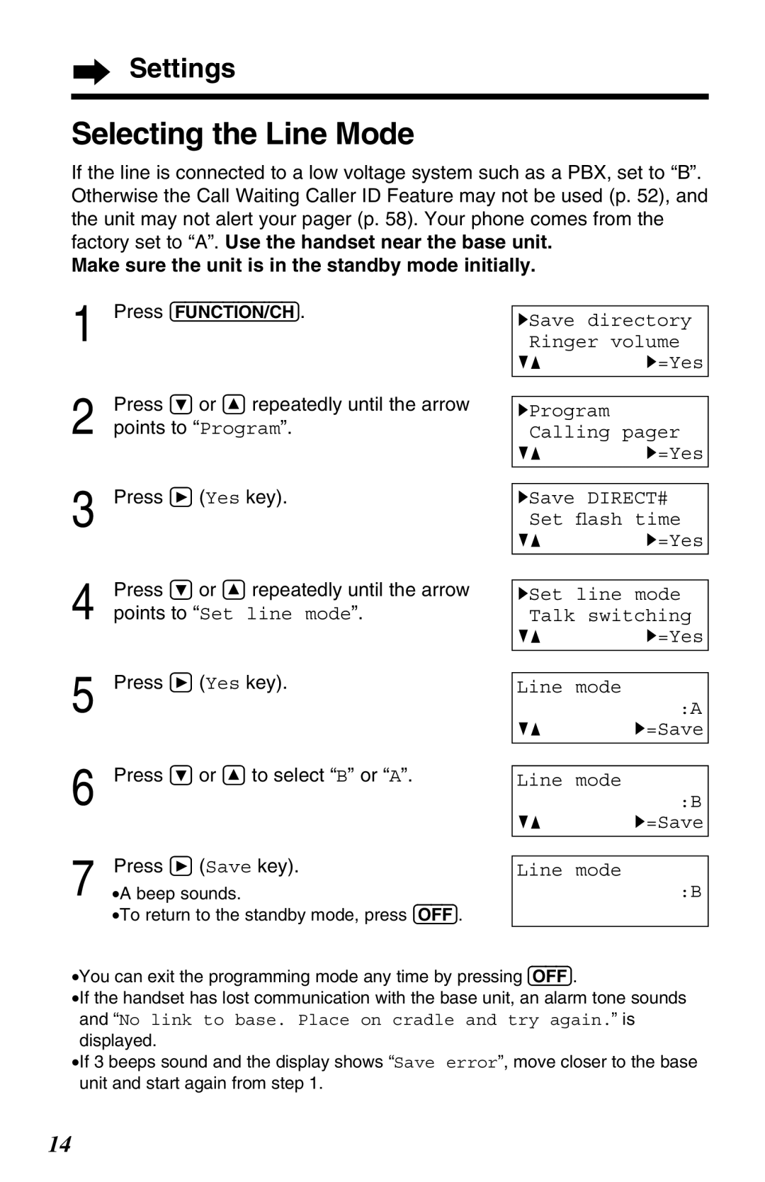 Panasonic KX-TG2670N Selecting the Line Mode, Points to Set line mode, Press Ö or Ñ to select B or a, Line mode GF H=Save 