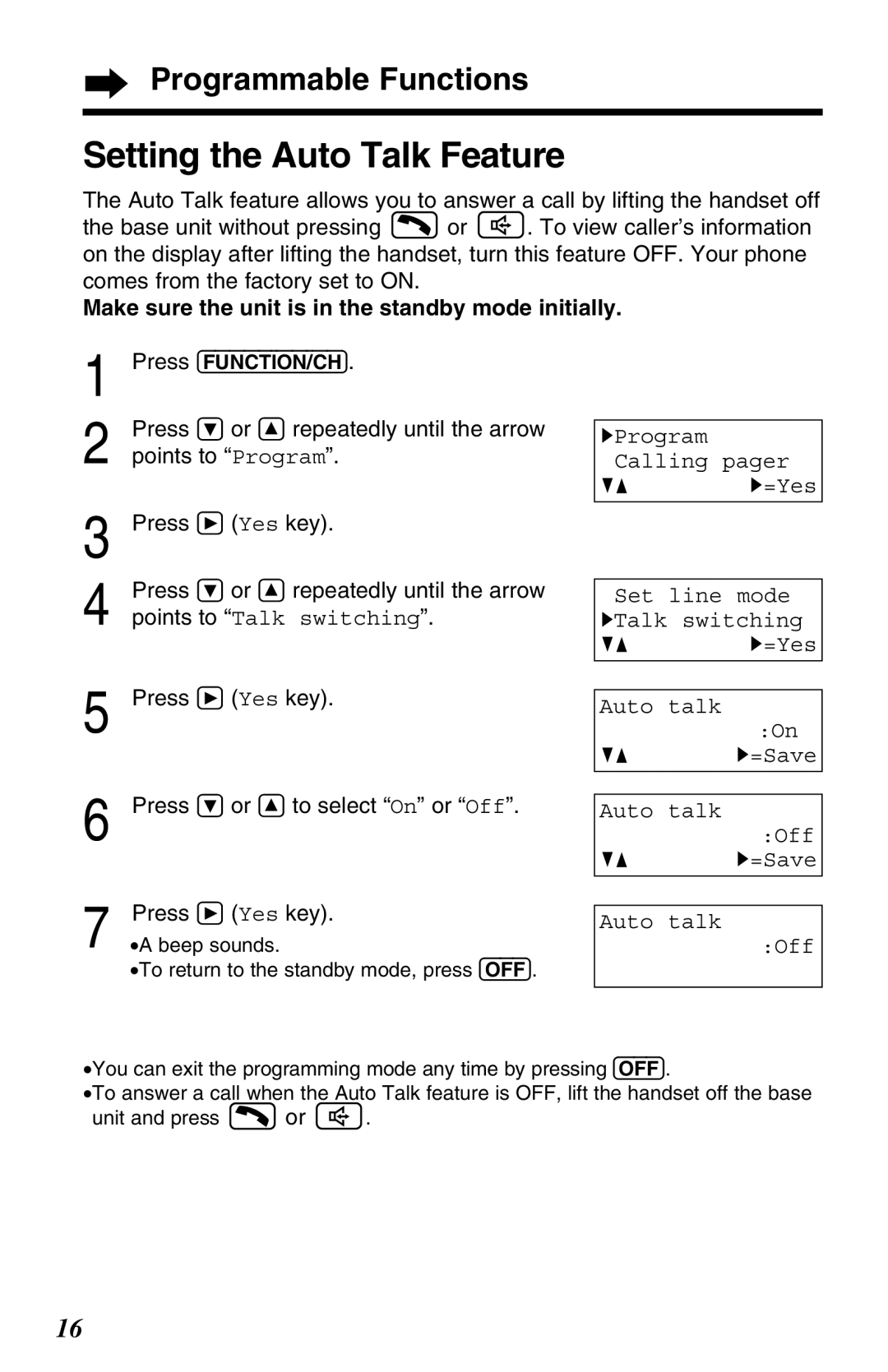 Panasonic KX-TG2670N Setting the Auto Talk Feature, Points to Talk switching, Press Ö or Ñ to select On or Off 