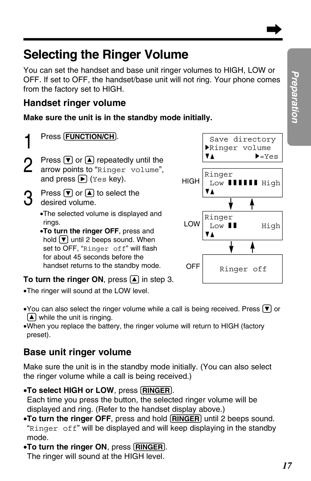 Panasonic KX-TG2670N operating instructions Selecting the Ringer Volume, Handset ringer volume, Base unit ringer volume 