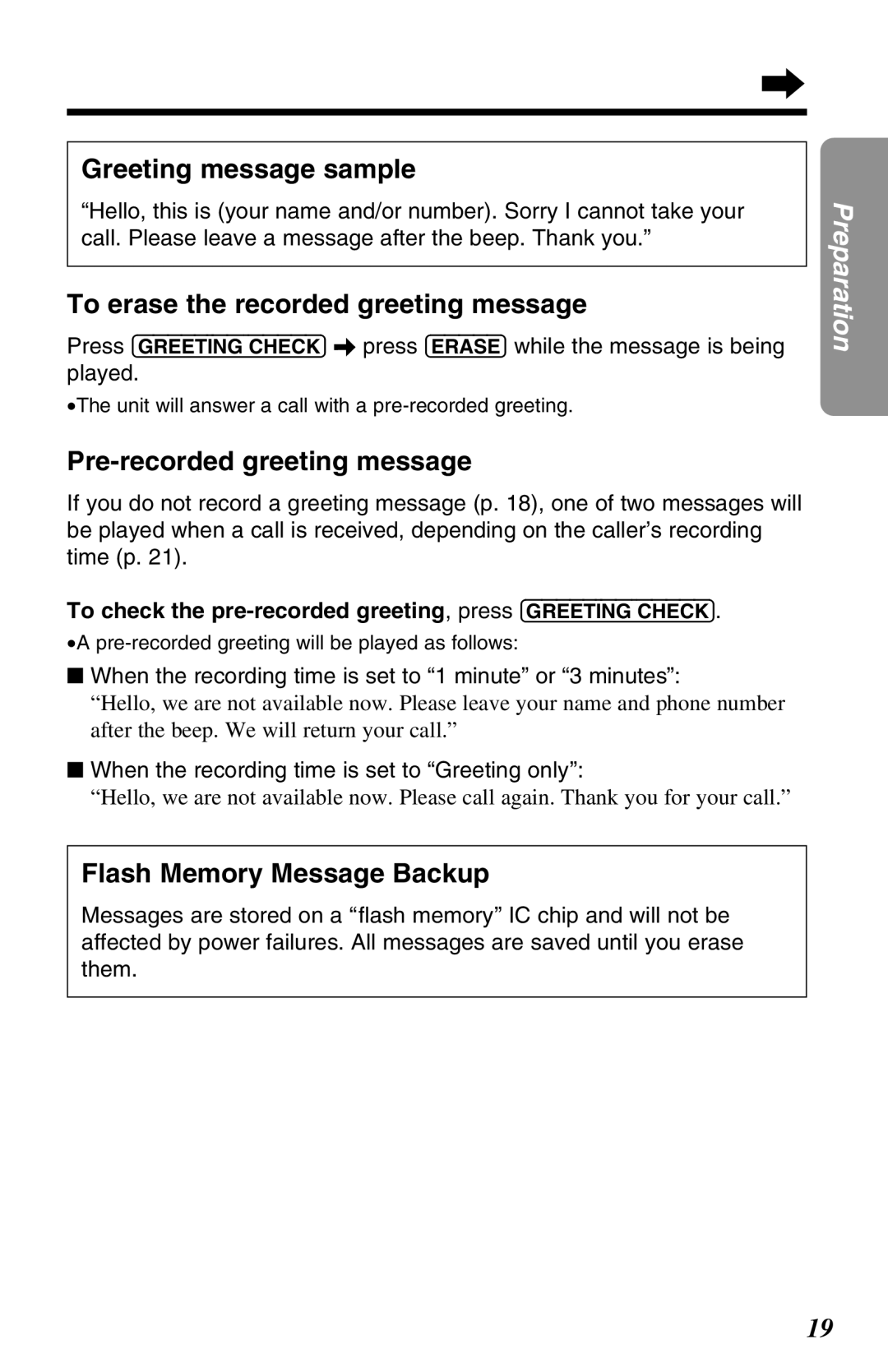 Panasonic KX-TG2670N Greeting message sample, To erase the recorded greeting message, Pre-recorded greeting message 