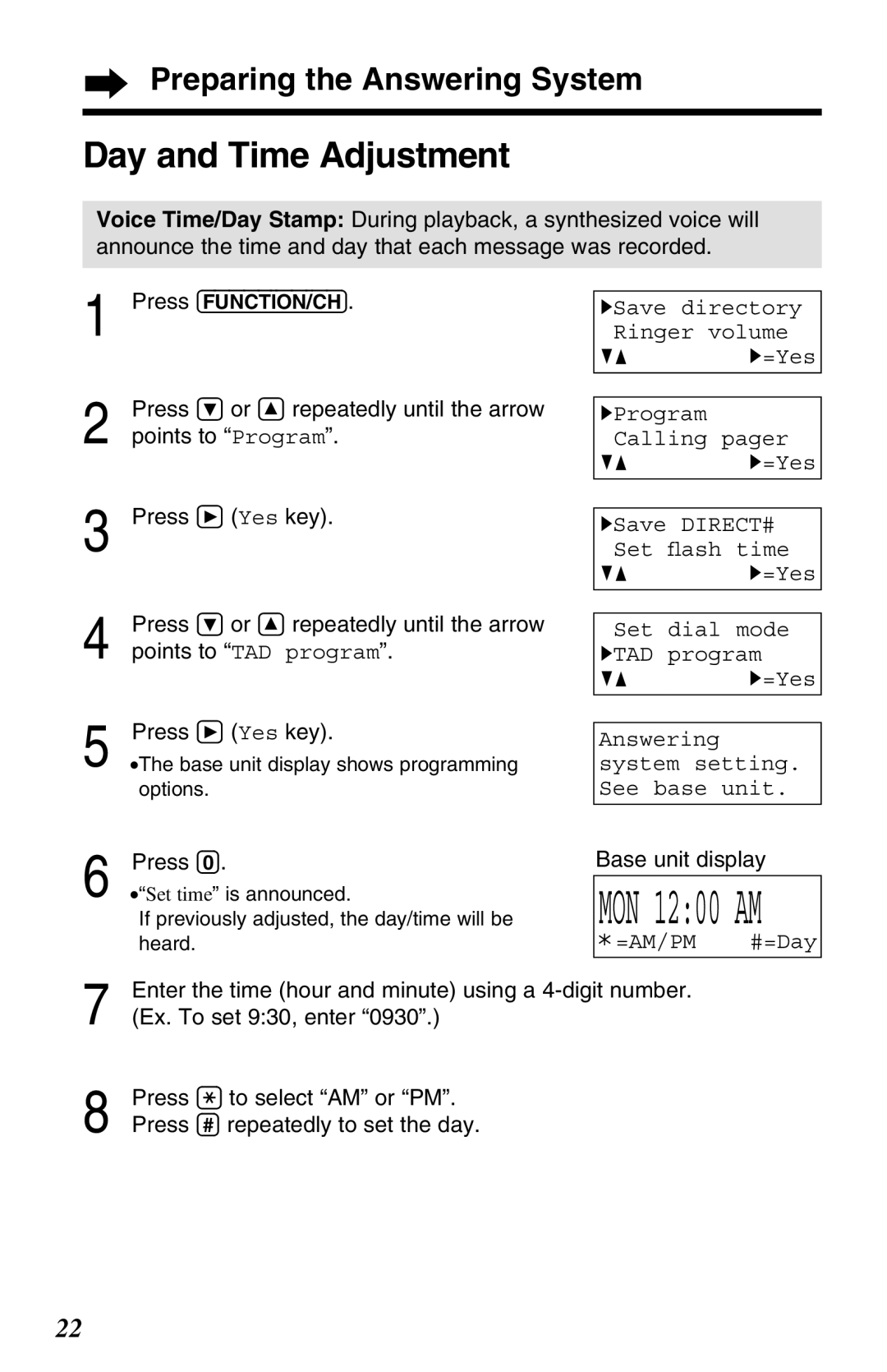 Panasonic KX-TG2670N operating instructions Day and Time Adjustment, Press Base unit display 