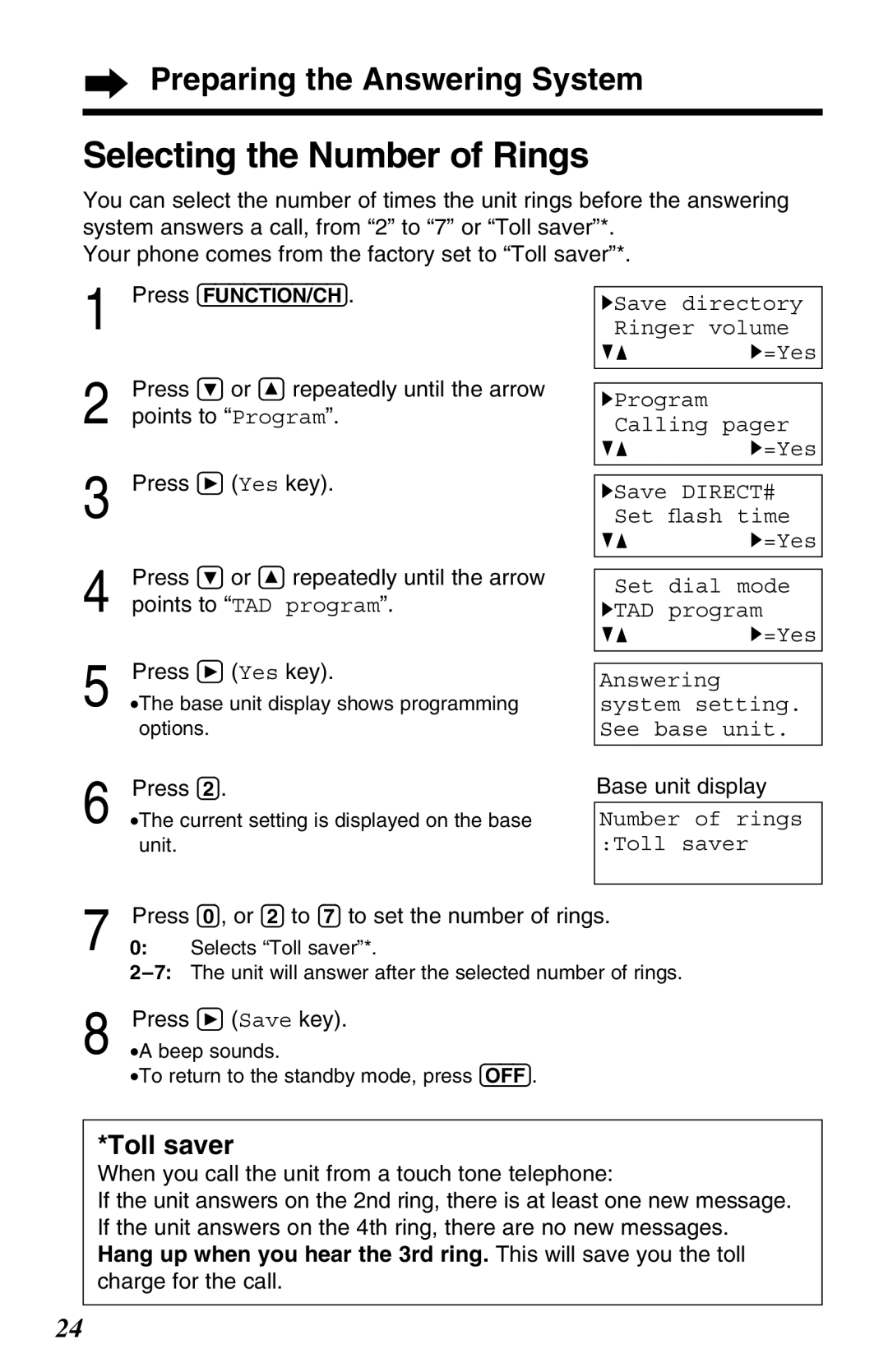 Panasonic KX-TG2670N Selecting the Number of Rings, Toll saver, Press 0, or 2 to 7 to set the number of rings 