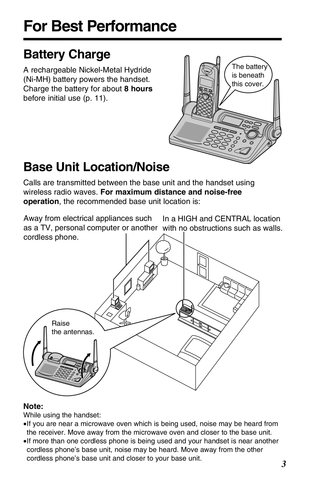 Panasonic KX-TG2670N operating instructions For Best Performance, Battery Charge, Base Unit Location/Noise 