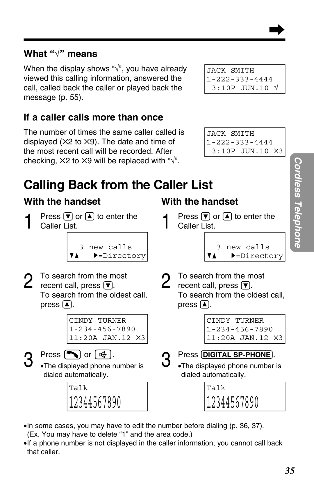 Panasonic KX-TG2670N Calling Back from the Caller List, What √ means, If a caller calls more than once, Press or 