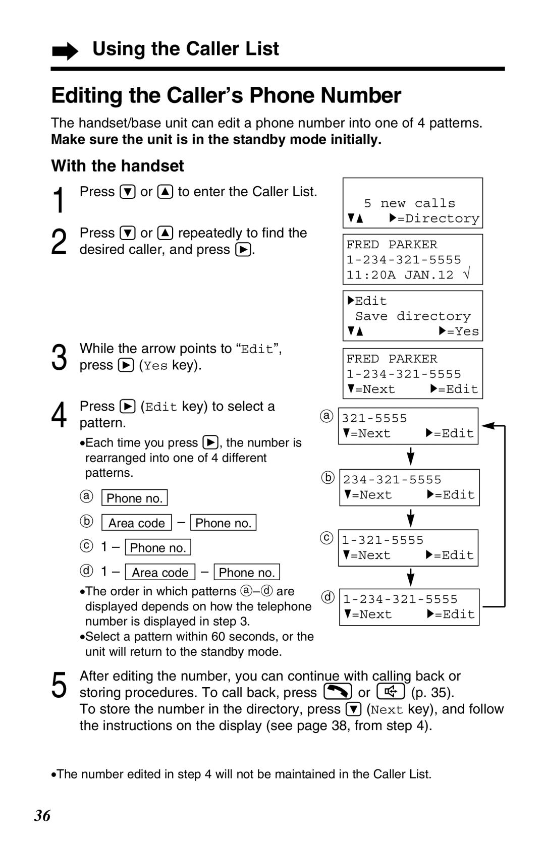 Panasonic KX-TG2670N Editing the Caller’s Phone Number, While the arrow points to Edit, press á Yes key 