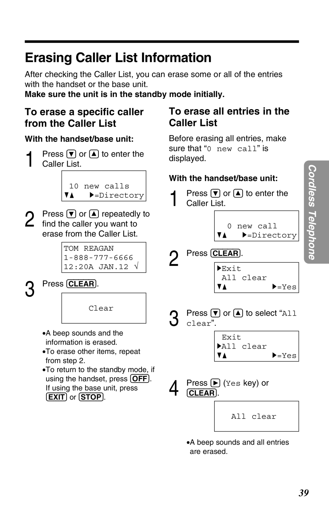 Panasonic KX-TG2670N operating instructions Erasing Caller List Information, To erase a speciﬁc caller from the Caller List 