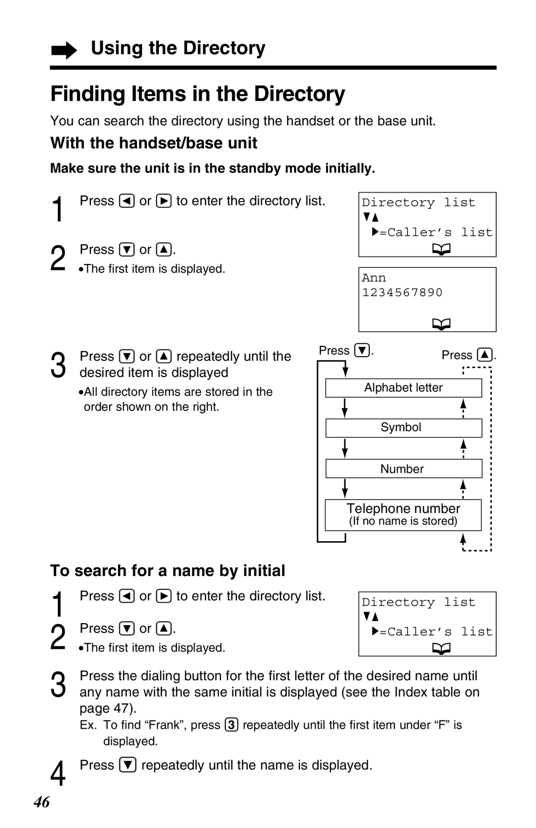 Panasonic KX-TG2670N Finding Items in the Directory, With the handset/base unit, To search for a name by initial 