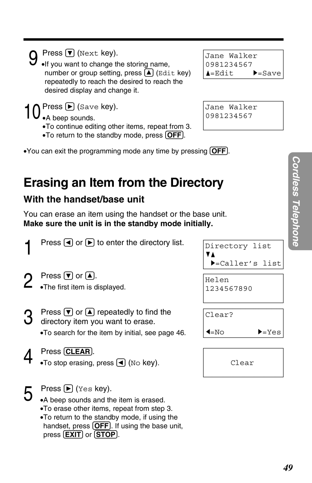 Panasonic KX-TG2670N Erasing an Item from the Directory, You can erase an item using the handset or the base unit 