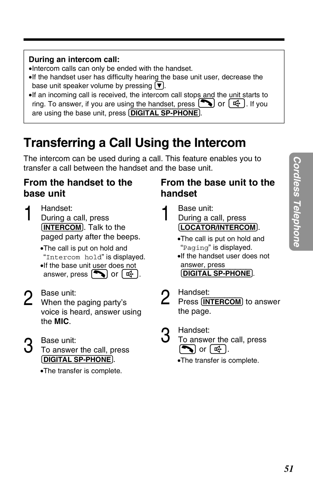 Panasonic KX-TG2670N Transferring a Call Using the Intercom, From the handset to the base unit, During an intercom call 