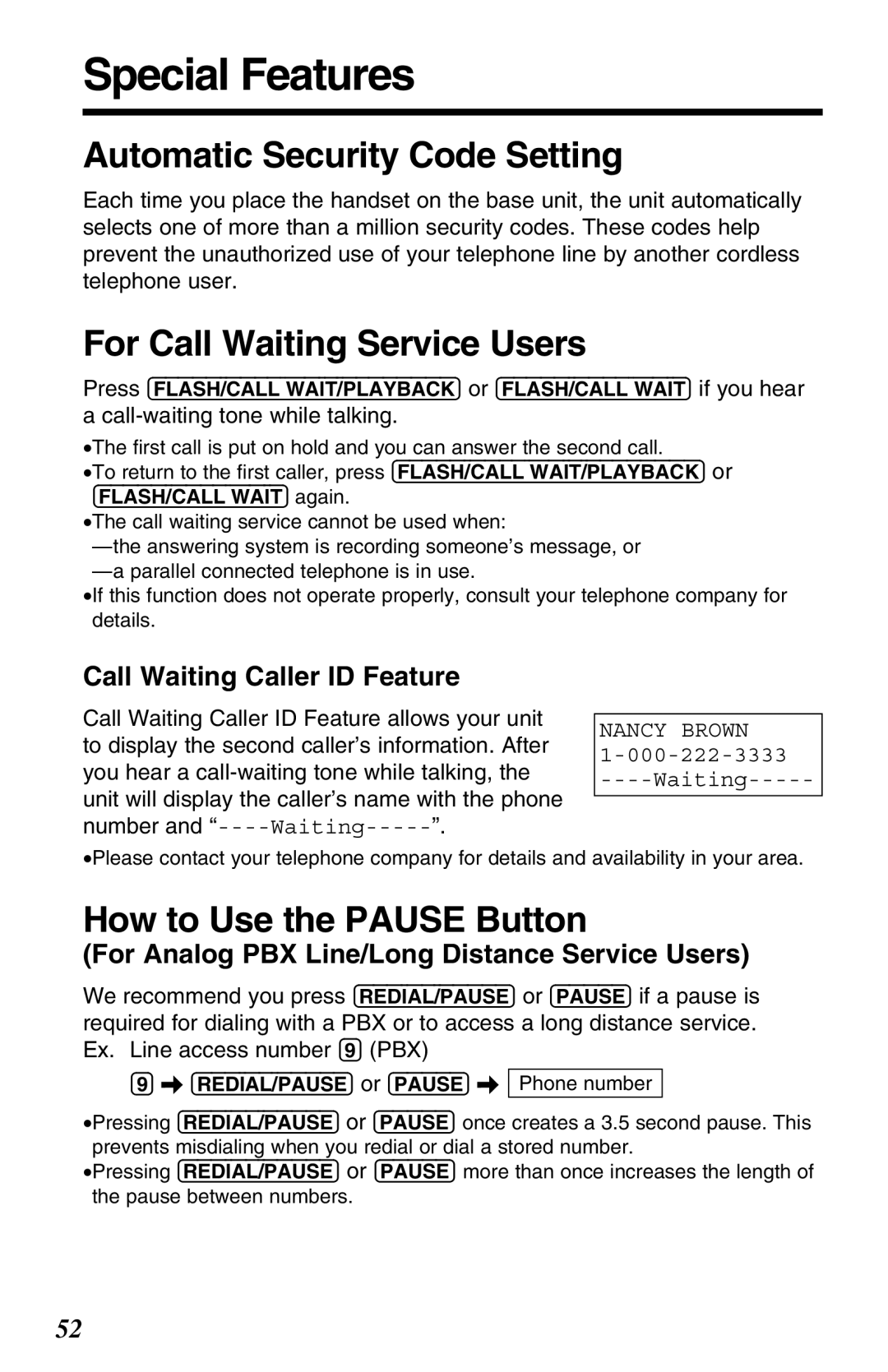 Panasonic KX-TG2670N Special Features, Automatic Security Code Setting, For Call Waiting Service Users 