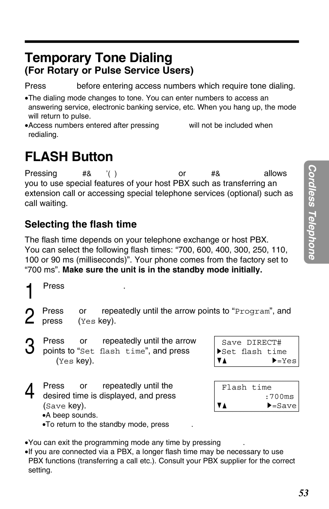 Panasonic KX-TG2670N Temporary Tone Dialing, Flash Button, For Rotary or Pulse Service Users, Selecting the ﬂash time 