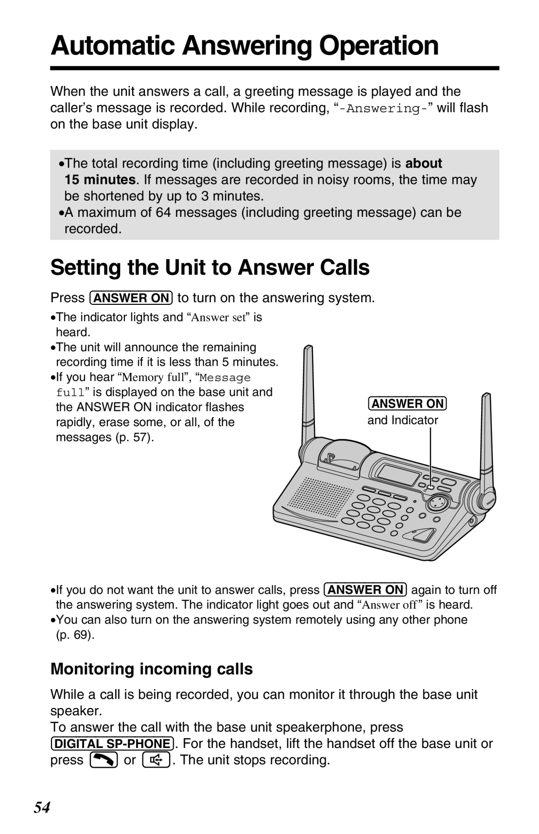 Panasonic KX-TG2670N Automatic Answering Operation, Setting the Unit to Answer Calls, Monitoring incoming calls 