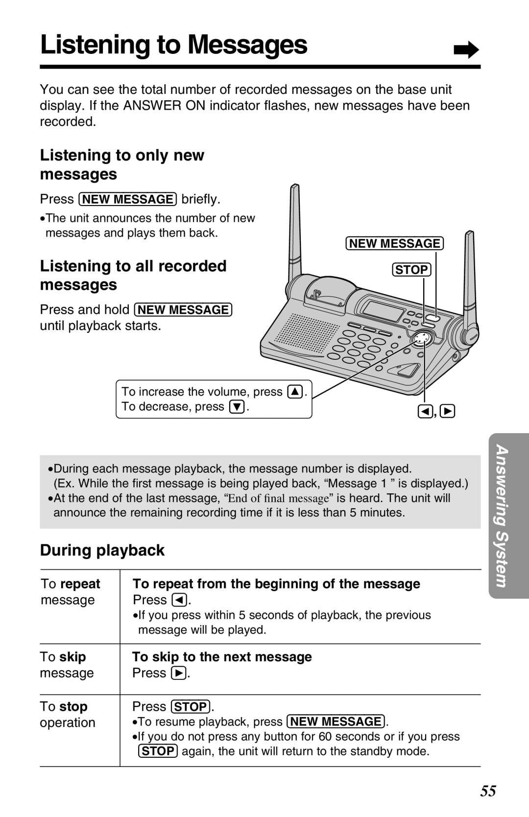 Panasonic KX-TG2670N Listening to Messages, Listening to only new messages, Listening to all recorded messages 