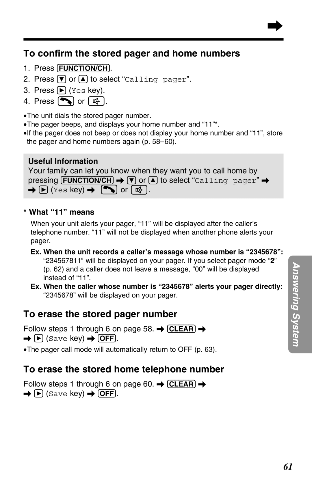 Panasonic KX-TG2670N To conﬁrm the stored pager and home numbers, To erase the stored pager number, Useful Information 