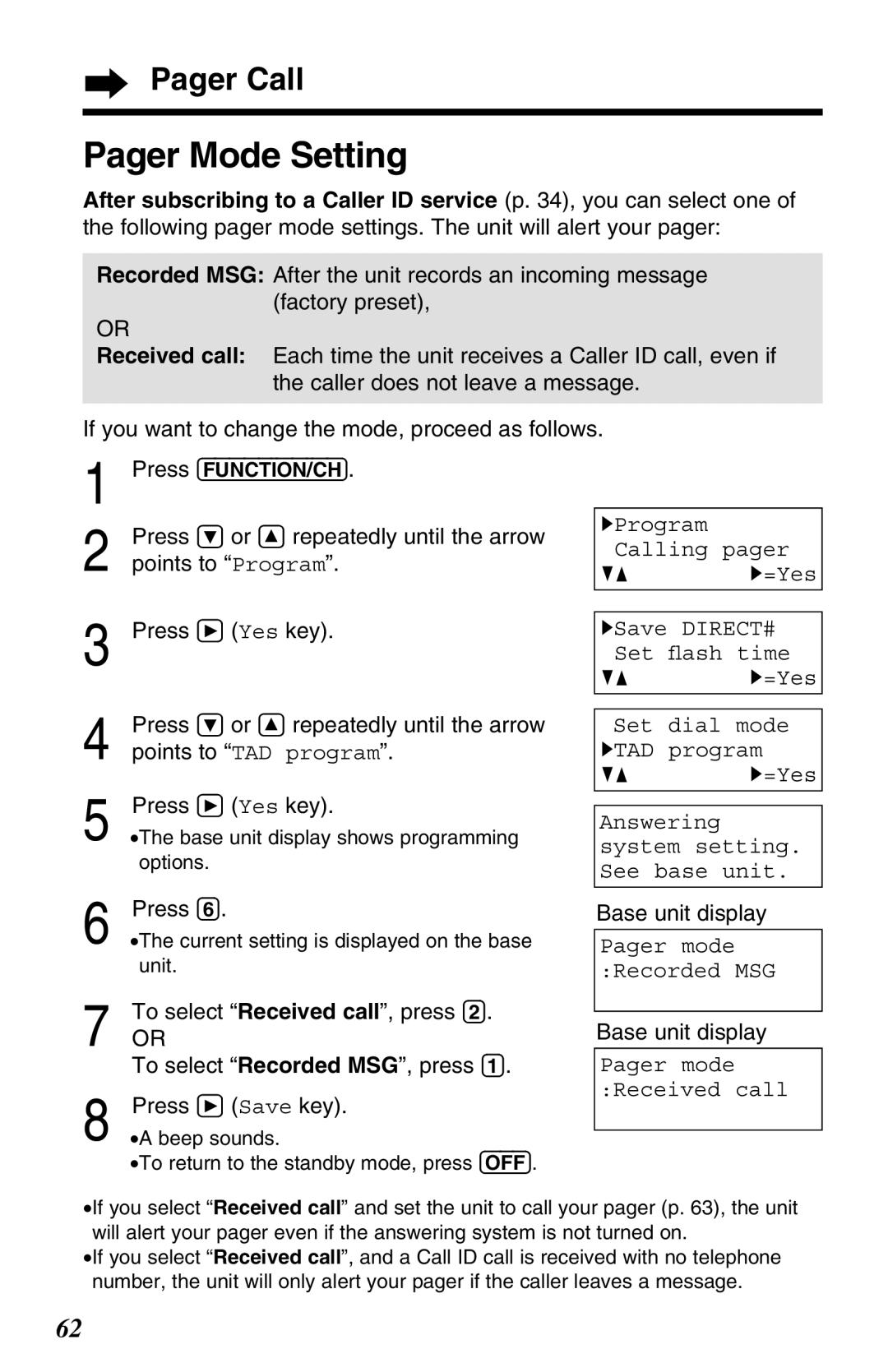 Panasonic KX-TG2670N Pager Mode Setting, To select Received call, press, To select Recorded MSG, press 