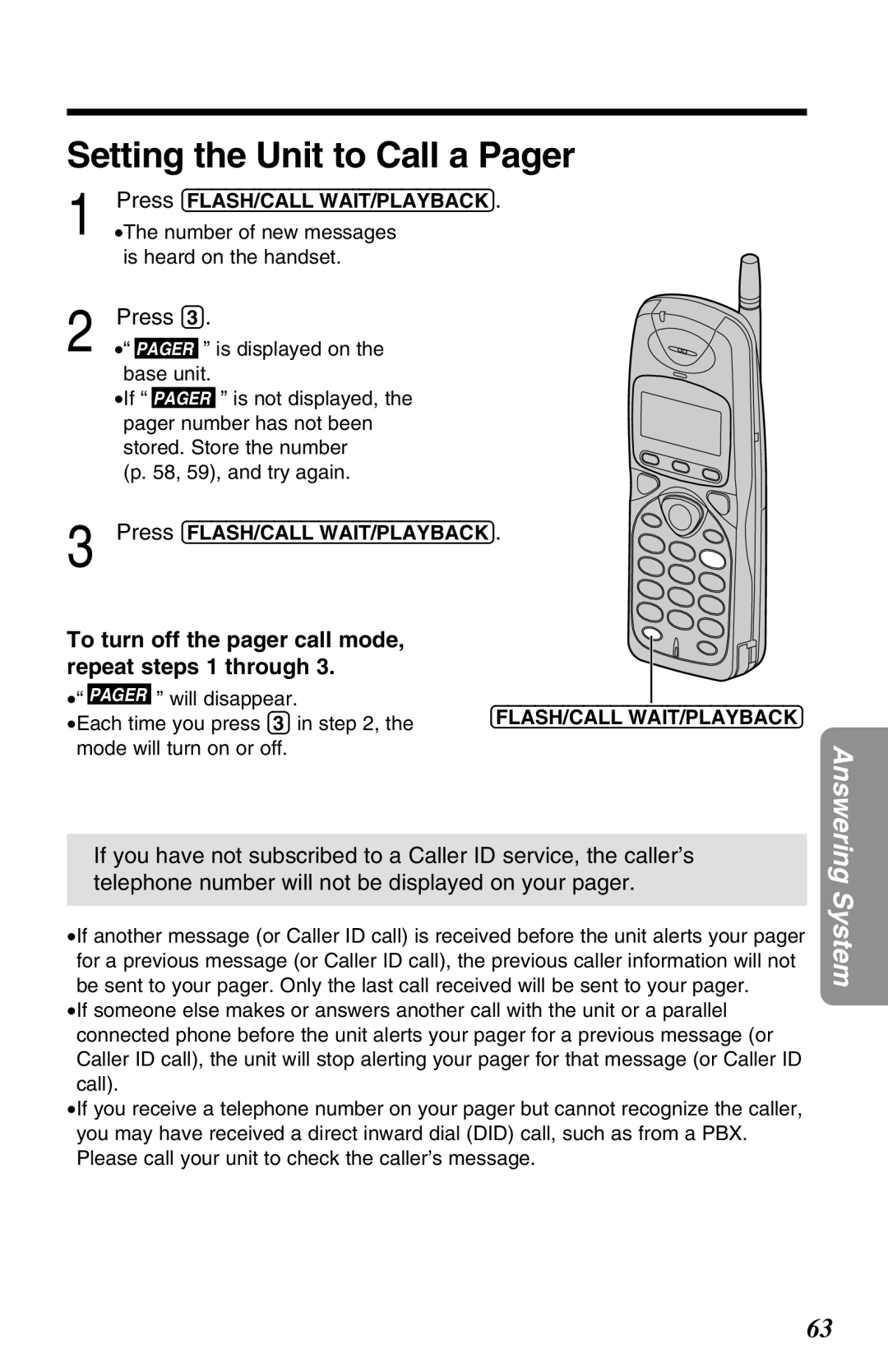 Panasonic KX-TG2670N Setting the Unit to Call a Pager, To turn off the pager call mode Repeat steps 1 through 