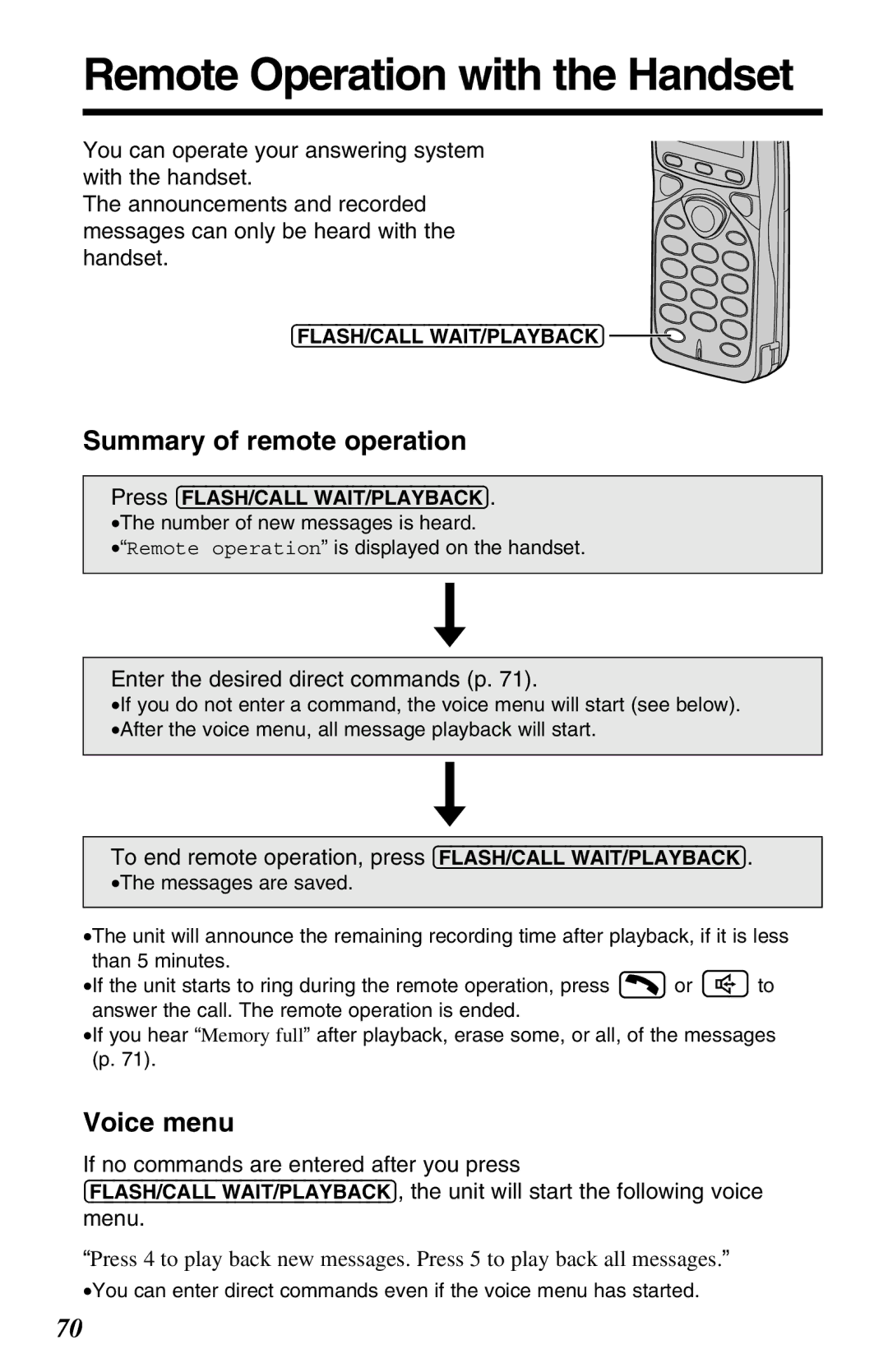 Panasonic KX-TG2670N Remote Operation with the Handset, Voice menu, Enter the desired direct commands p 