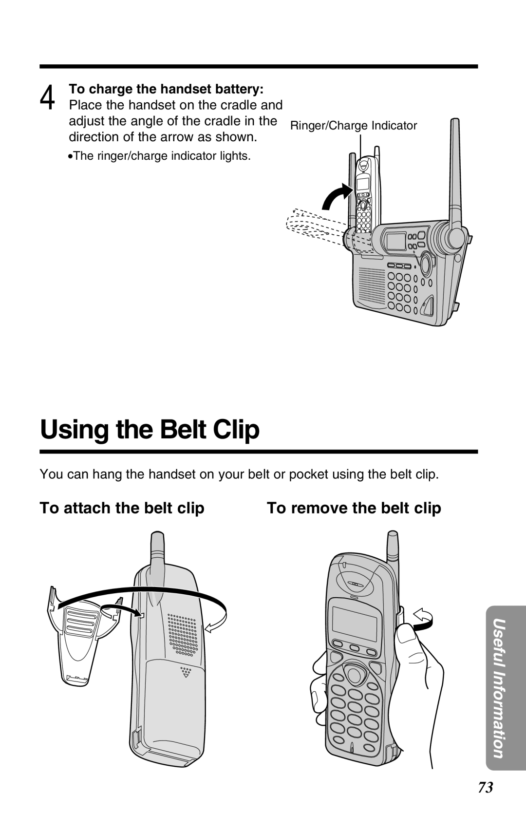 Panasonic KX-TG2670N Using the Belt Clip, To attach the belt clip To remove the belt clip, To charge the handset battery 