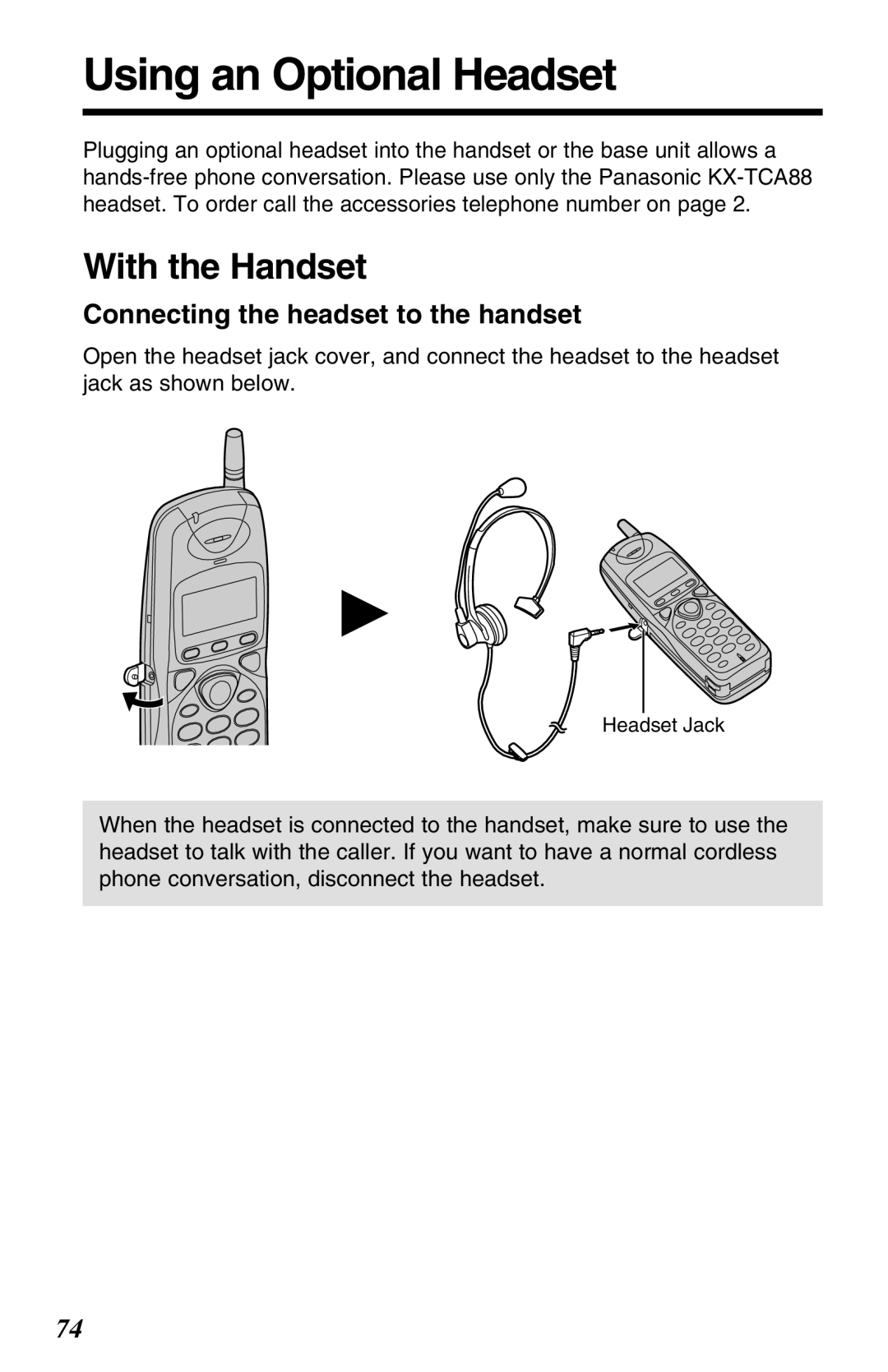 Panasonic KX-TG2670N operating instructions Using an Optional Headset, Connecting the headset to the handset 